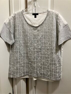 J Crew Women's Gray and White Short Sleeve Eyelet Top